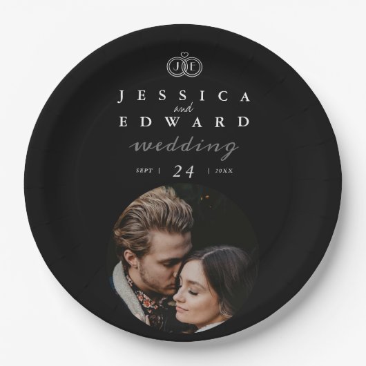 Elegant Luxury Black White Monogram Foto Weduwscha Papieren Bordje (Voorkant)