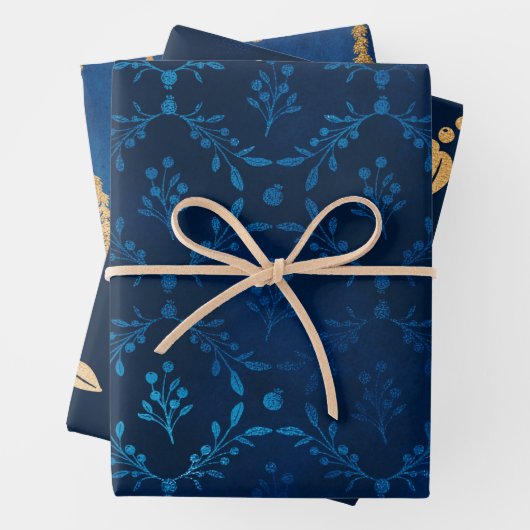 Elegant Luxury  Blue Gold Leaves Berries Inpakpapier Vel (In situ)