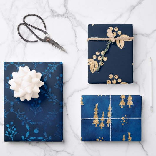 Elegant Luxury  Blue Gold Leaves Berries Inpakpapier Vel (Voorkant)