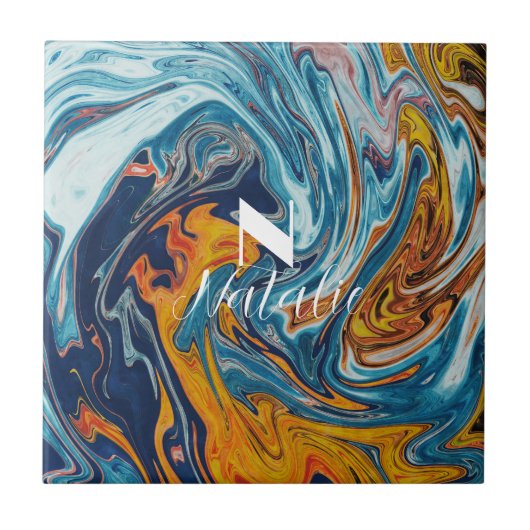 Elegant Luxury Blue Gold Monogram Tegeltje (Voorkant)