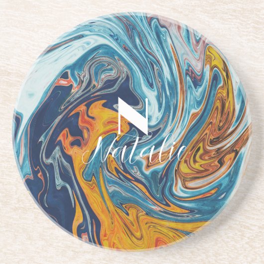 Elegant Luxury Blue Gold Monogram Zandsteen Onderzetter (Voorkant)