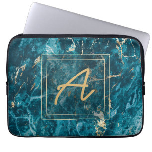 Elegant Luxury Blue Marble Effect Monogram Laptop Sleeve