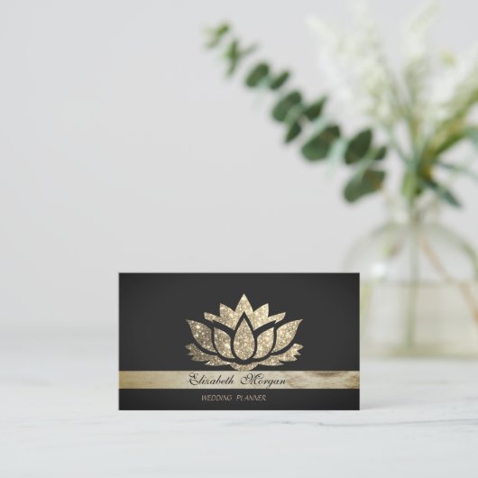 Elegant Luxury Chic Black Faux Gold Glitter Lotus Visitekaartje (Staand voorkant)