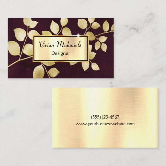 Elegant Luxury Gold en Bourgogne Leaves Visitekaartje (Voorkant / Achterkant)
