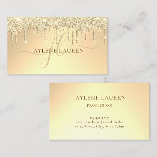 Elegant Luxury Gold Glitter Drift Monogram Visitekaartje (Voorkant / Achterkant)
