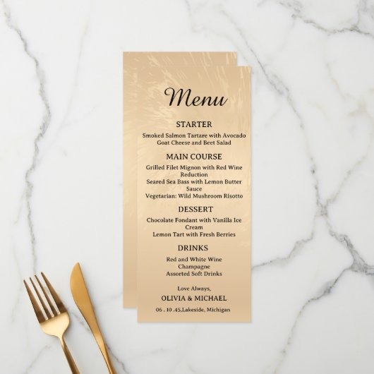 Elegant Luxury Gold Marbled Wedding Menu (Voorkant / Achterkant in situ)