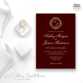 Elegant Luxury Gold Monogram Burgundy Wedding Kaart
