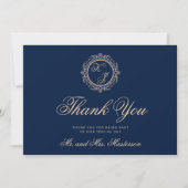 Elegant Luxury Gold Monogram Navy Blue Wedding Bedankkaart (Voorkant)