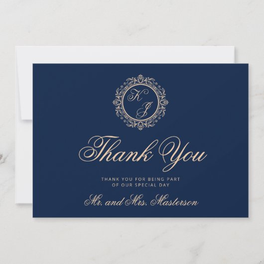 Elegant Luxury Gold Monogram Navy Blue Wedding Bedankkaart (Voorkant)
