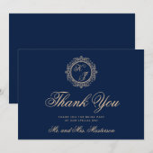Elegant Luxury Gold Monogram Navy Blue Wedding Bedankkaart (Voorkant / Achterkant)