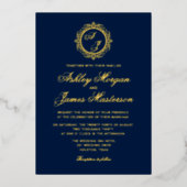 Elegant Luxury Gold Monogram Navy Blue Wedding Folie Uitnodiging (Voorkant)