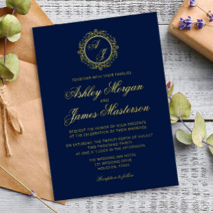 Elegant Luxury Gold Monogram Navy Blue Wedding Folie Uitnodiging