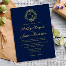 Elegant Luxury Gold Monogram Navy Blue Wedding
