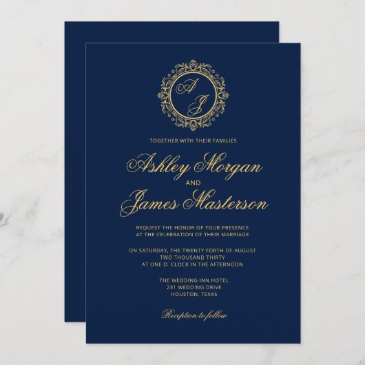 Elegant Luxury Gold Monogram Navy Blue Wedding Kaart (Voorkant / Achterkant)