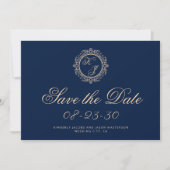 Elegant Luxury Gold Monogram Navy Blue Wedding Save The Date (Voorkant)