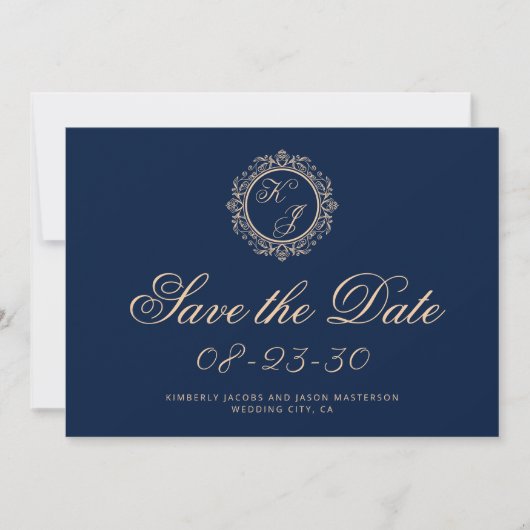 Elegant Luxury Gold Monogram Navy Blue Wedding Save The Date (Voorkant)