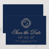 Elegant Luxury Gold Monogram Navy Blue Wedding Save The Date (Voorkant / Achterkant)
