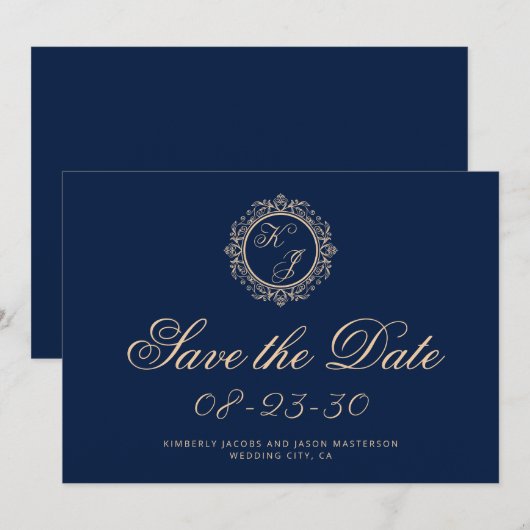Elegant Luxury Gold Monogram Navy Blue Wedding Save The Date (Voorkant / Achterkant)