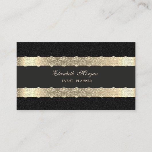 Elegant Luxury Modern, Gold Striped, Lace, Black Visitekaartje (Voorkant)