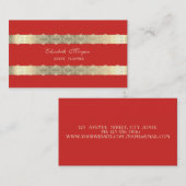 Elegant Luxury Modern, Gold Striped, Lace, Red Visitekaartje (Voorkant / Achterkant)