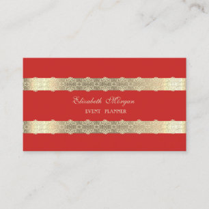 Elegant Luxury Modern, Gold Striped, Lace, Red Visitekaartje