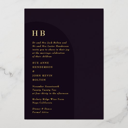 Elegant Luxury Monogram Dark Boho Floral Arch Folie Uitnodiging (Voorkant)