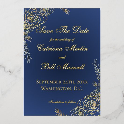 Elegant Luxury Navy and Gold Save the Date Card Folie Uitnodiging (Voorkant)