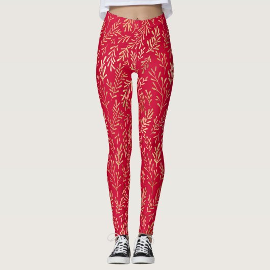 Elegant Luxury Red Gold Leaf Pattern Leggings (Voorkant)