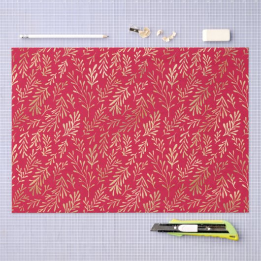 Elegant Luxury Red Gold Leaf Pattern Tissuepapier (Craft)