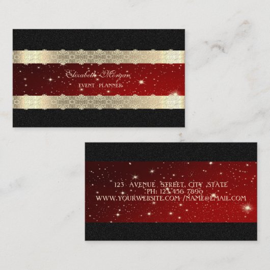Elegant Luxury Red, Gold Striped, Lace, Black Visitekaartje (Voorkant / Achterkant)