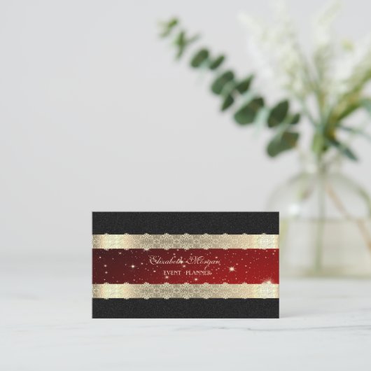 Elegant Luxury Red, Gold Striped, Lace, Black Visitekaartje (Staand voorkant)