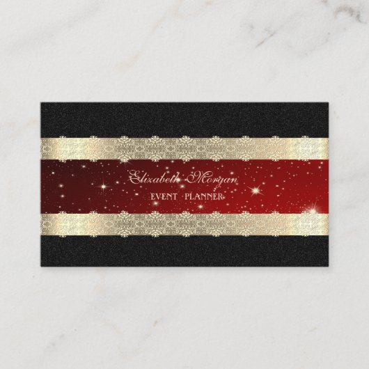 Elegant Luxury Red, Gold Striped, Lace, Black Visitekaartje (Voorkant)