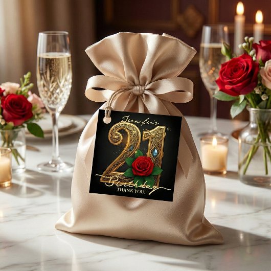 Elegant Luxury Red Rose Black Gold 21st Birthday Bedankjes Labels