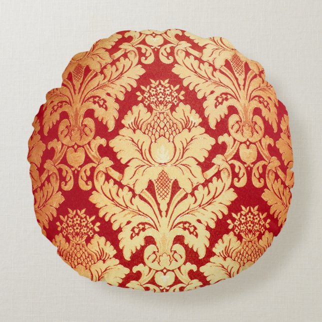 Elegant Luxury Retro Red Gold Damask Patroon Rond Kussen (Voorkant)