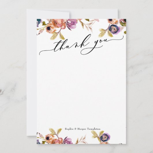 Elegant Luxury Script Paars en Oranje Boho Floral Bedankkaart (Voorkant)