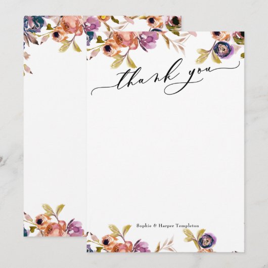 Elegant Luxury Script Paars en Oranje Boho Floral Bedankkaart (Voorkant / Achterkant)