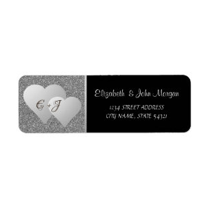 Elegant Luxury, Silver Glitter Hearts, Monogram Etiket