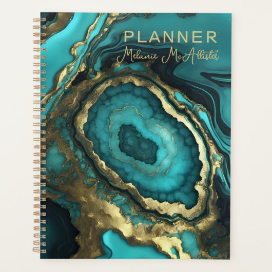 Elegant Luxury Teal Agate & Gold Geode Marble Planner (Voorkant)