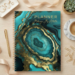 Elegant Luxury Teal Agate & Gold Geode Marble Planner