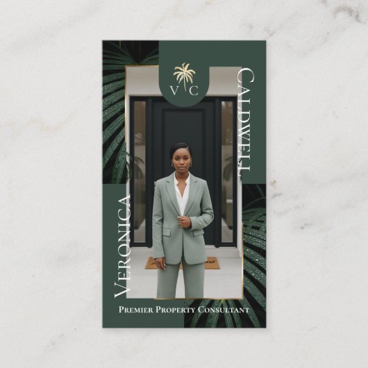 Elegant Luxury Tropical Palm Tree Monogram Photo Visitekaartje (Voorkant)