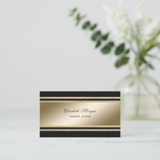 Elegant Luxury, zwart, Faux Gold Glittery Stripes Visitekaartje (Staand voorkant)