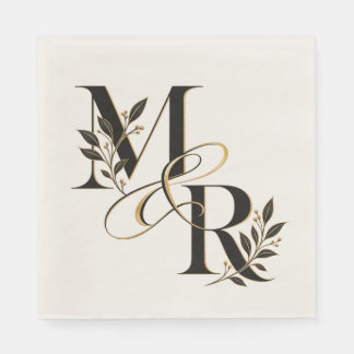 Elegant M & R Trouw Monogram Zwarte Goud Bloem Servet