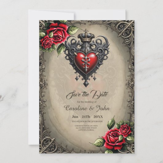 Elegant maar mystiek gotisch hart save the date (Voorkant)