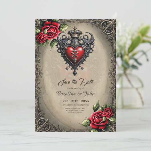 Elegant maar mystiek gotisch hart save the date (Staand voorkant)