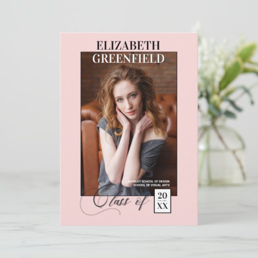 Elegant Magazine Stijl roze Fotoaankondiging Kaart (Staand voorkant)