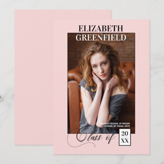 Elegant Magazine Stijl roze Fotoaankondiging Kaart (Voorkant / Achterkant)