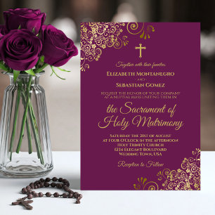 Elegant magenta & Gold Modern katholieke bruiloft Kaart