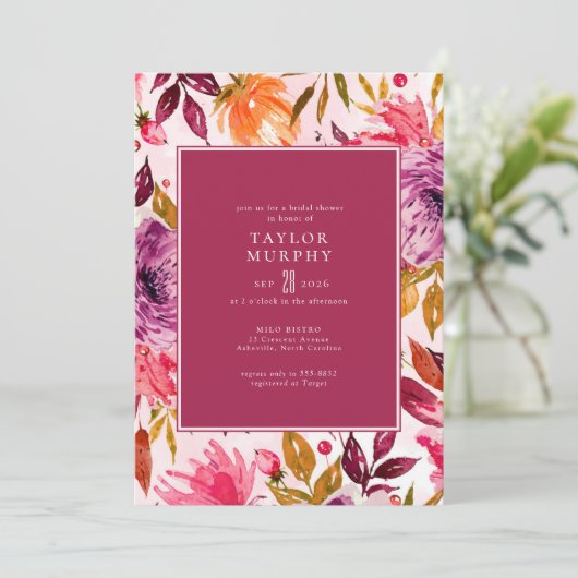 Elegant Magenta Herfst Floral Vrijgezellenfeest Kaart (Staand voorkant)