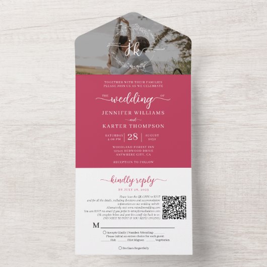 Elegant Magenta Monogram QR Code Foto bruiloft All In One Uitnodiging (Binnen)
