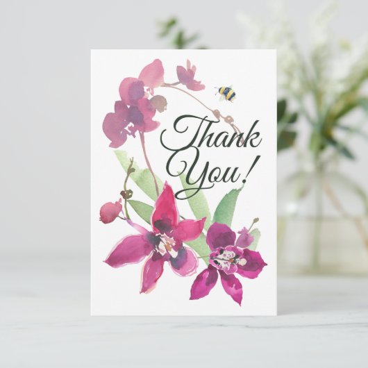 Elegant Magenta Paarse Orchids Floral Bumblebee Bedankkaart (Staand voorkant)